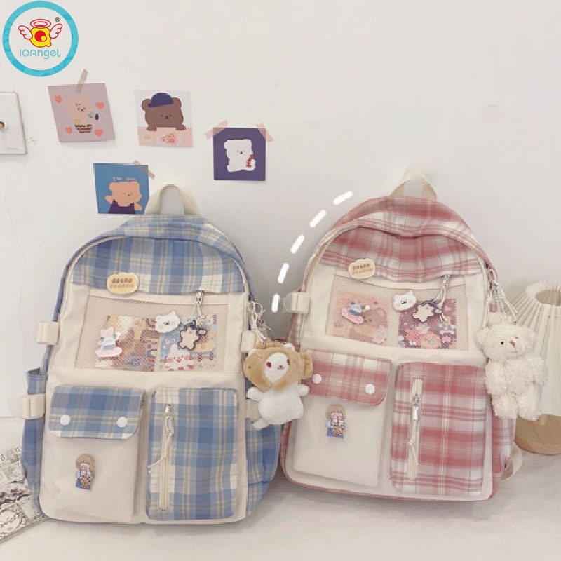 Ba Lô Đi Học Sức Chứa Lớn Chất Liệu polyester Họa Tiết Sọc Caro Thời Trang Phong Cách Hàn Quốc