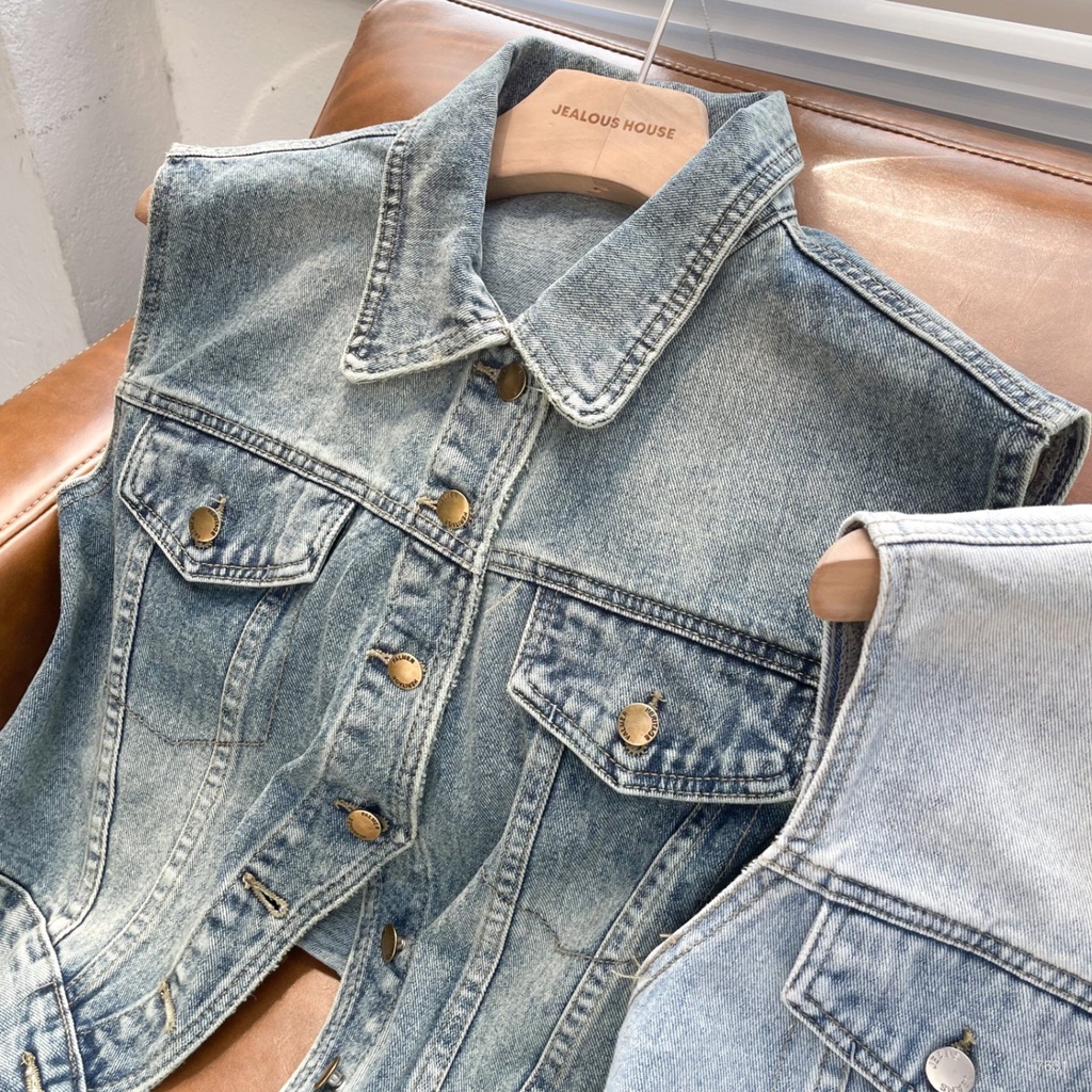 Áo gile denim cúc áo dưới xẻ - 7631