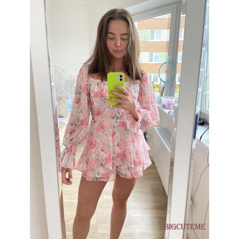 Áo liền quần Tay Dài Cổ Vuông Hở Lưng In Họa Tiết Hoa Thời Trang Quyến Rũ Cho Nữ