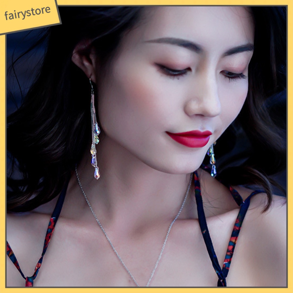 1 Đôi Bông Tai Dáng Dài Đính Pha Lê Lấp Lánh Thời Trang