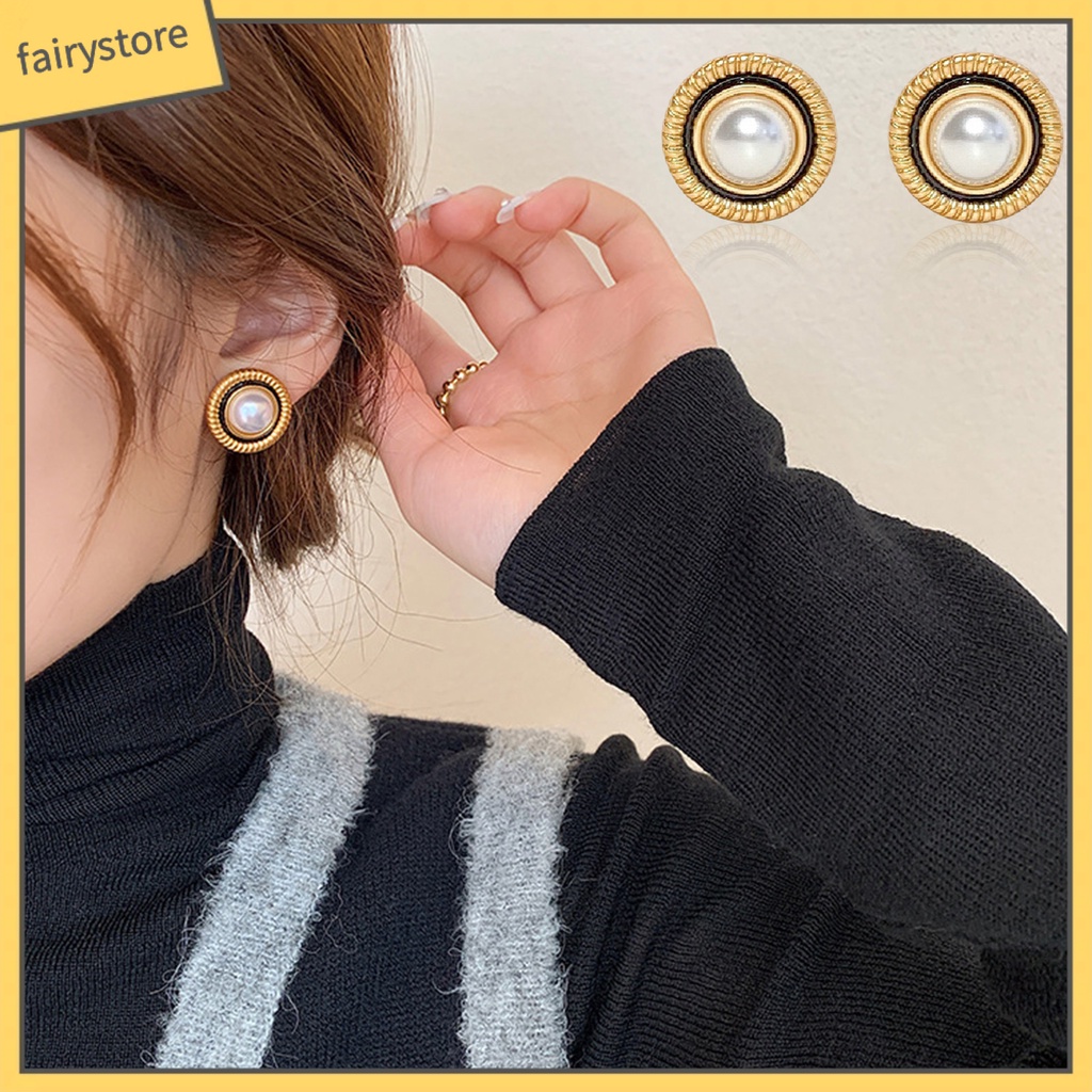 1 Đôi Bông Tai Tròn Đính Ngọc Trai Nhân Tạo Sang Trọng Cho Nữ