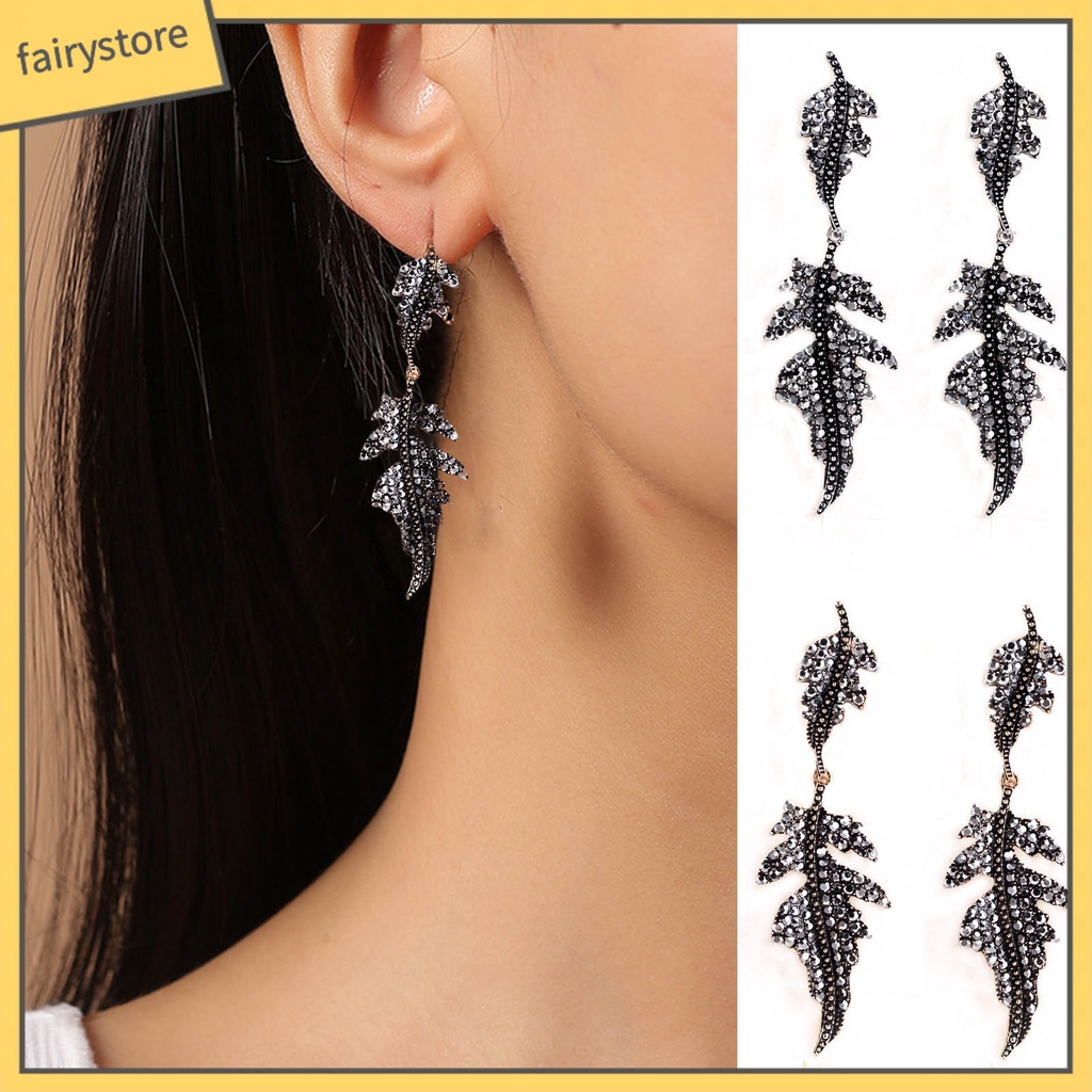 1 Đôi Bông Tai Hình Chiếc Lá Đính Đá Phong Cách Vintage Dành Cho Nữ