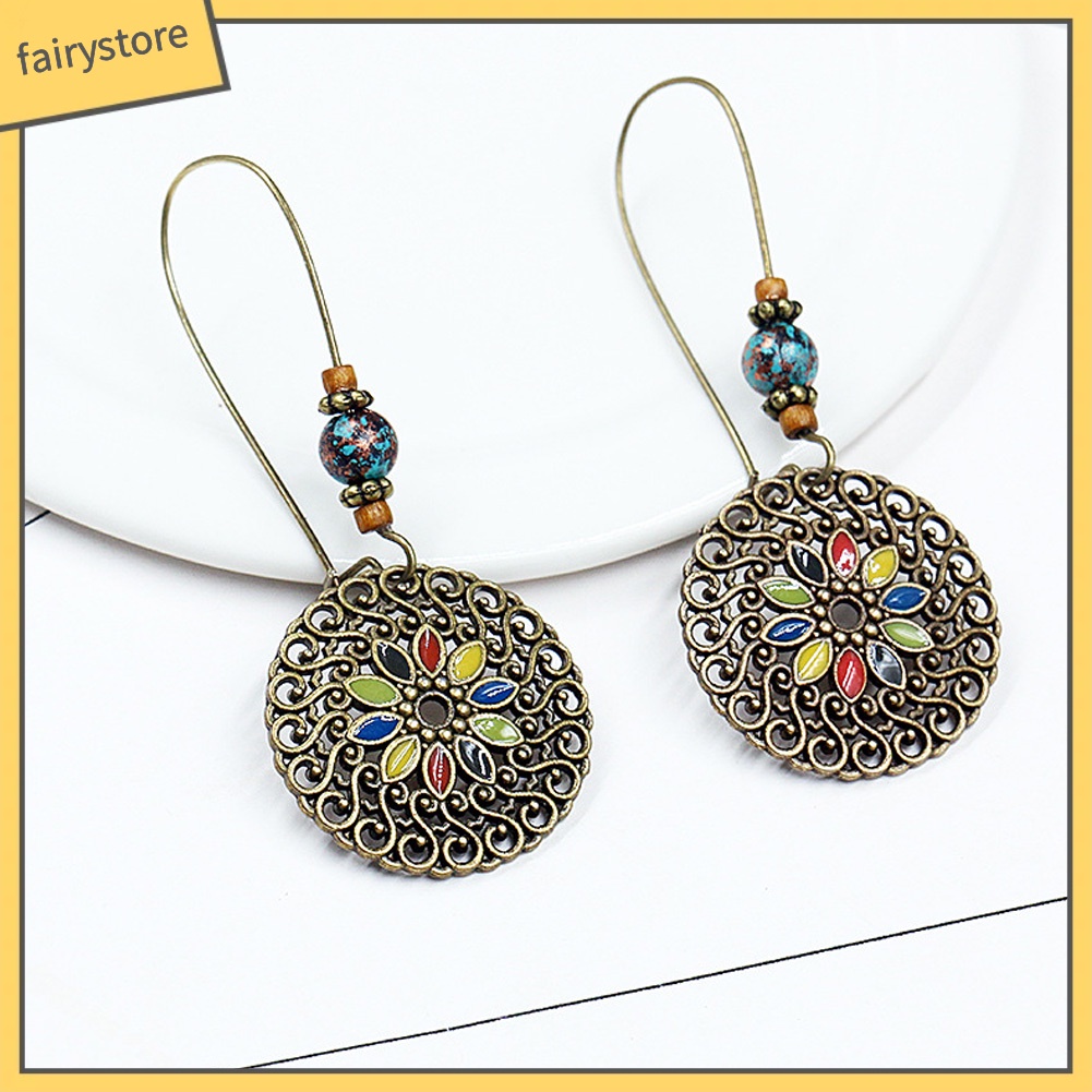 Bông Tai Dáng Dài Mặt Tròn Khắc Họa Tiết Hoa Phong Cách Cổ Điển Thời Trang