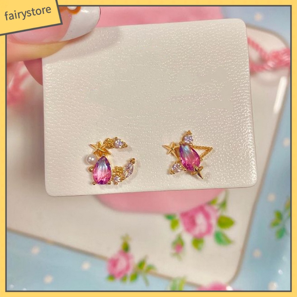 1 Đôi Khuyên Tai Hợp Kim Hình Trăng Sao Đính Đá Thời Trang