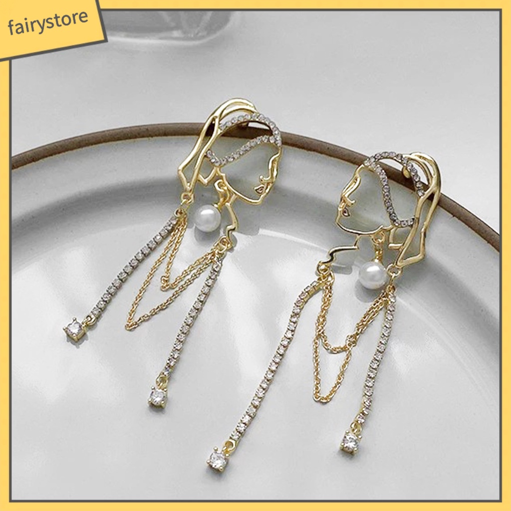 1 Đôi Bông Tai Nữ Đính Ngọc Trai Giả Hình Chân Dung Tua Rua Phong Cách Trừu Tượng