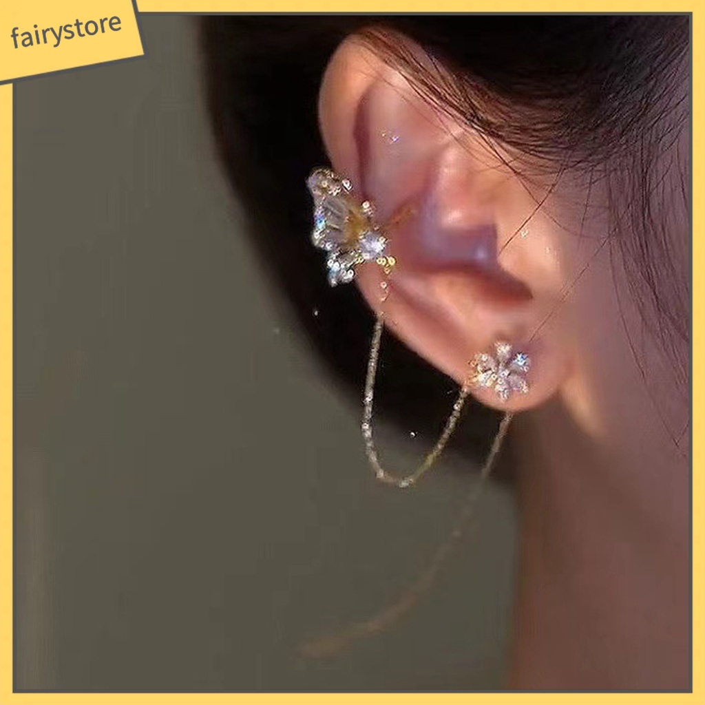 [FRO] 1 Đôi Bông Tai Dạng Kẹp Hình Bướm Rỗng Đính Đá Lấp Lánh Tinh Tế Chất Lượng Cao Trang Trí Tuyệt Vời