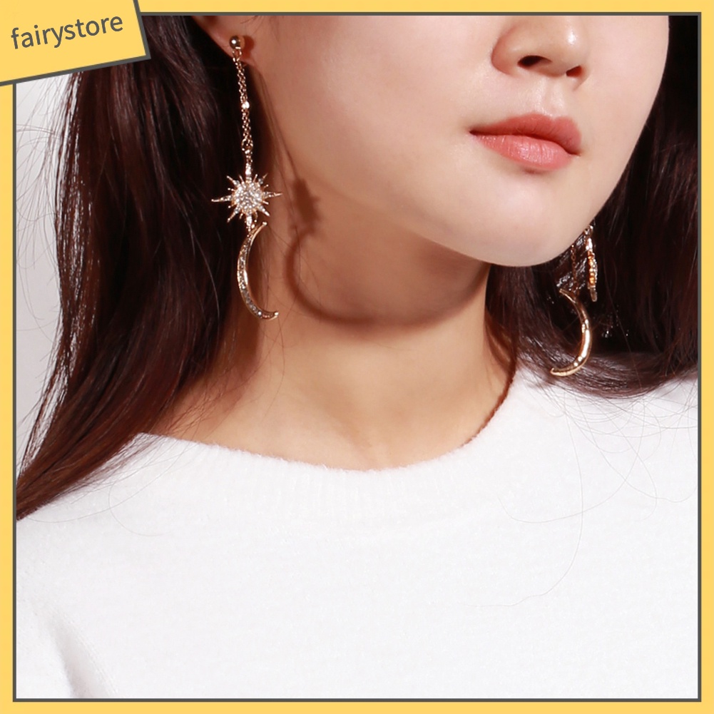 Bông Tai Dài Hình Trăng Sao Đính Đá Thời Trang Dành Cho Nữ