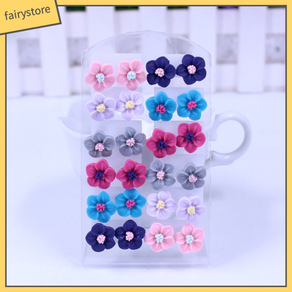 12 Đôi Bông Tai Hình Hoa Bằng Nhựa Nhiều Màu Thời Trang Dành Cho Nữ