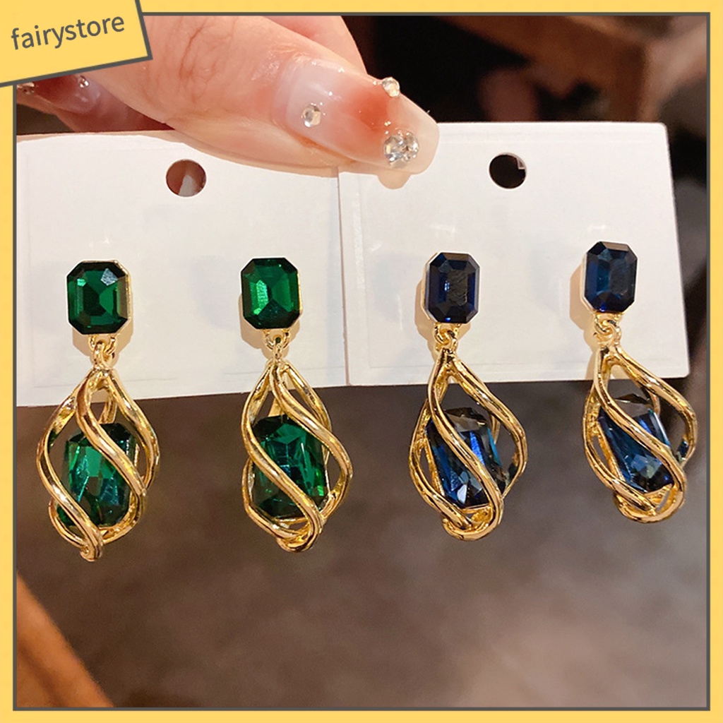 1 Đôi Bông Tai Hình Vuông Đính Đá Ngọc Lục Bảo Nhân Tạo Phong Cách Vintage Thời Trang