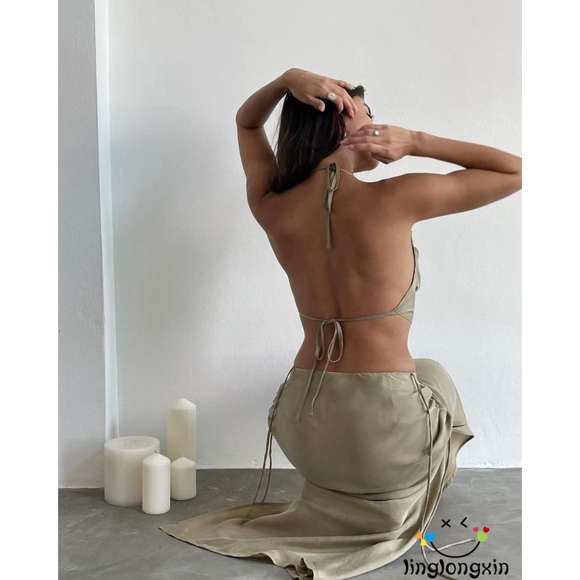 Set Đồ Mùa Hè 2 Món Gồm Áo Crop Top Cổ Yếm + Chân Váy Dài Màu Trơn Cho Nữ