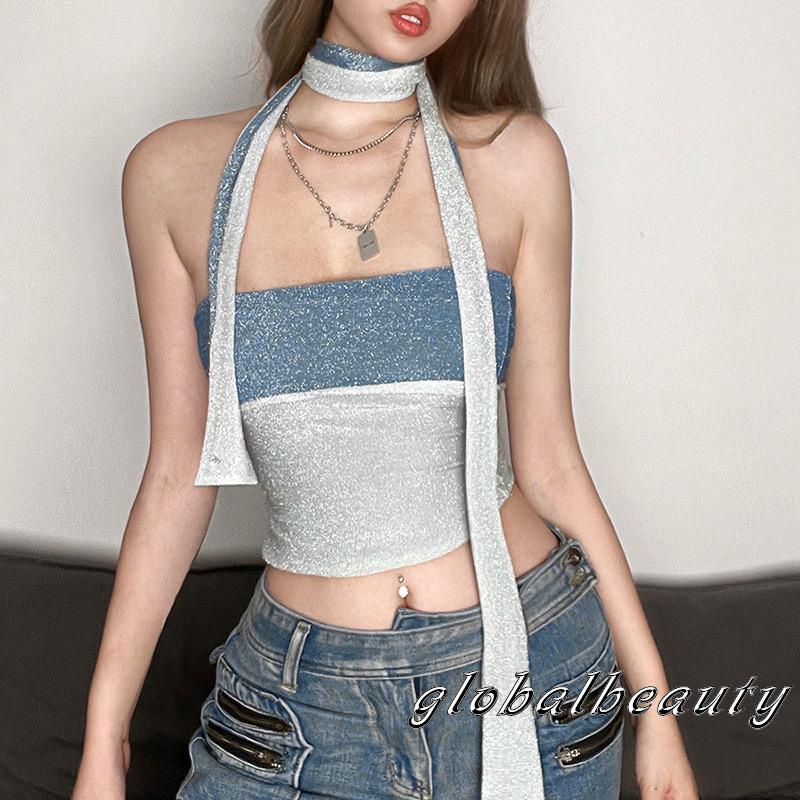 Bộ Trang Phục 2 Mảnh Gồm Áo Croptop Màu Sắc Tương Phản Và Khăn Choàng Cổ Thời Trang Mùa Hè Cho Nữ