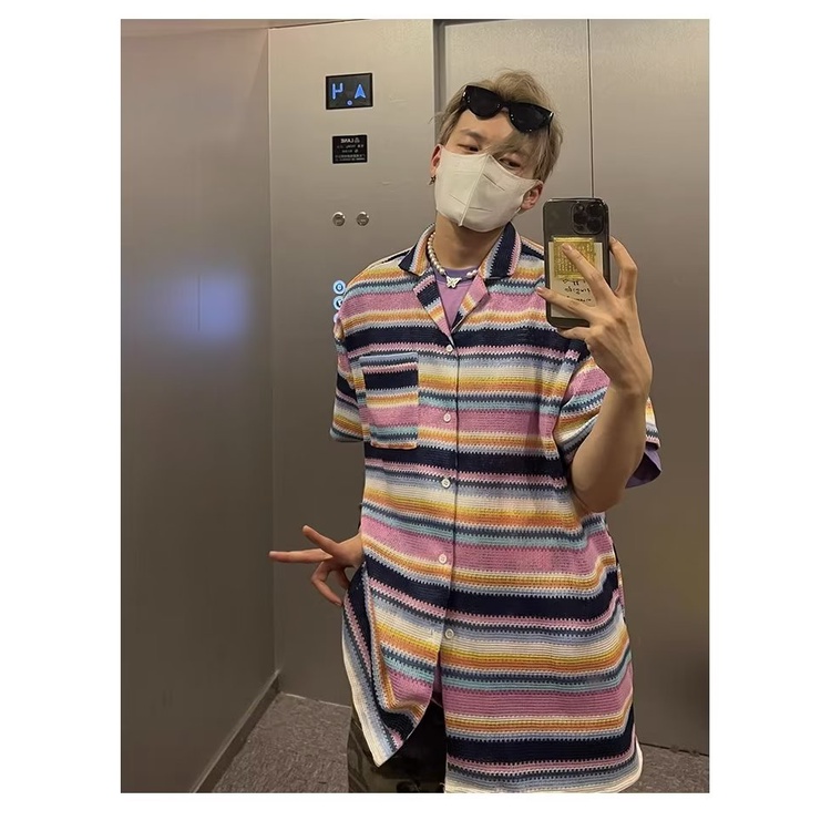 Áo Sơ Mi Ngắn Tay Họa Tiết Sọc Cầu Vồng Thời Trang Dành Cho Nam Và Nữ
