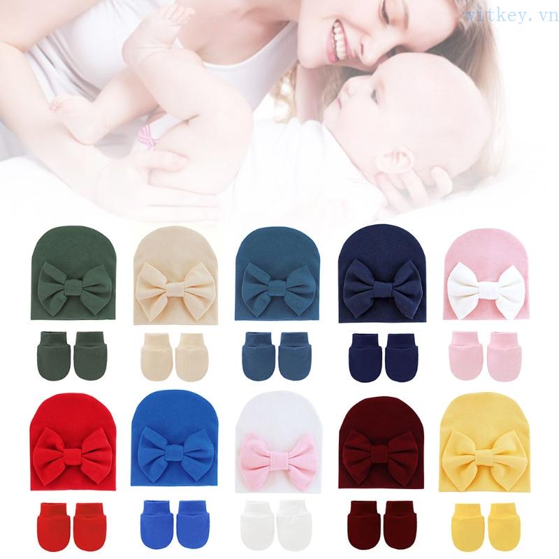 Bộ Mũ Beanie Kèm Găng Tay Bằng Cotton Mềm Mại Thiết Kế Đáng Yêu Nhiều Màu Sắc Cho Bé Gái Sơ Sinh