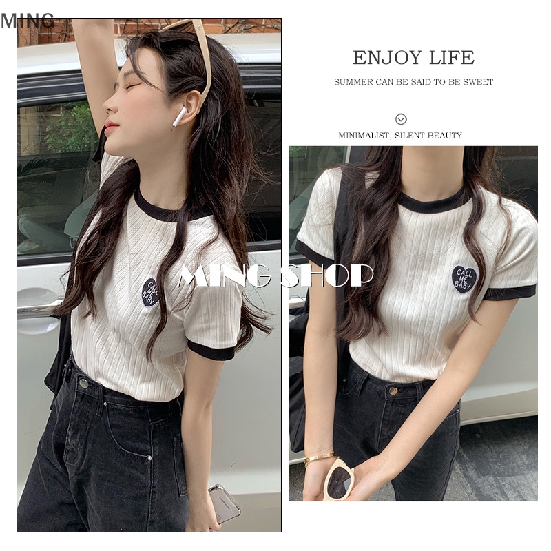 Áo Thun Dệt Kim Ngắn Tay Cổ Tròn Thêu Hình Trái Tim Màu Sắc Tương Phản Thời Trang Mùa Hè Dành Cho