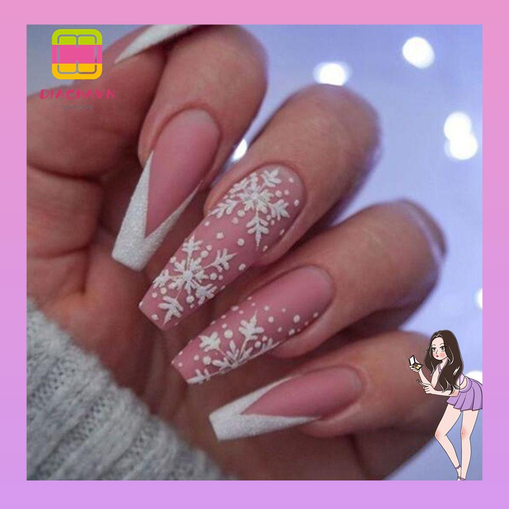 Set 24 Móng Tay Giả Hình Hoa Tuyết / Trái Tim Có Thể Tháo Rời DIY