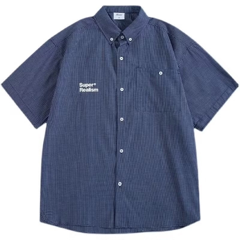 Áo Sơ Mi Tay Ngắn Dáng Rộng Họa Tiết Sọc Caro In Chữ Phong Cách Đường Phố Thời Trang Mùa Hè