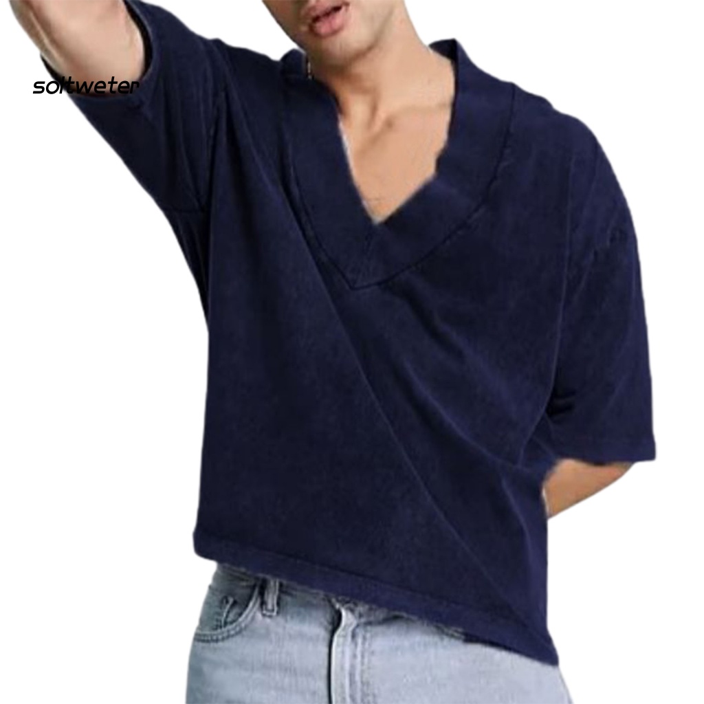 Áo Thun Cổ Chữ V Dáng Rộng Màu Sắc Tinh Khiết Phong Cách Vintage Thời Trang Mùa Hè Cho Nam