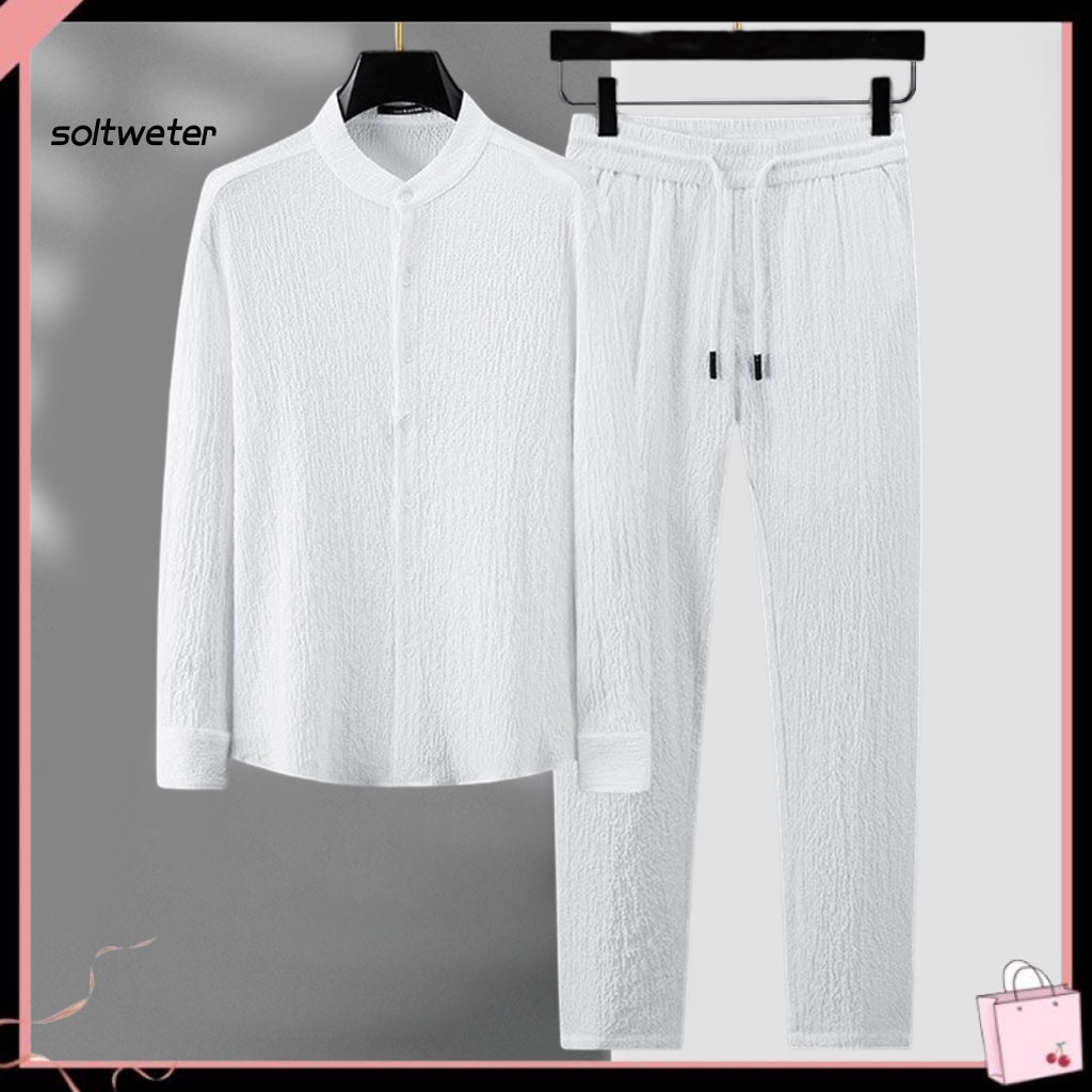 1 Bộ Áo Sơ Mi Cổ Đứng Phối Quần Dài Màu Trơn Đính Một Hàng Khuy Kiểu Đường Phố Thời Trang Mùa Thu Cho Nam