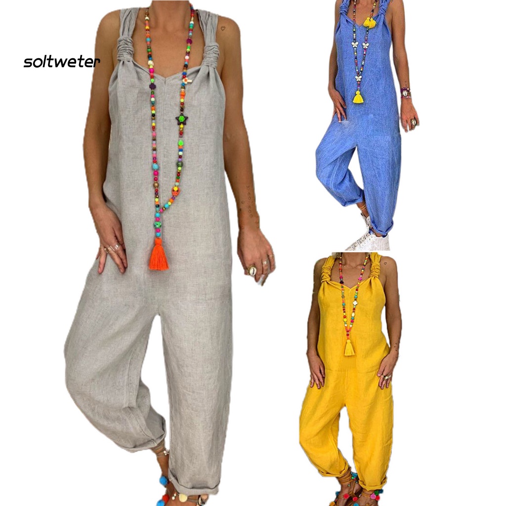 Áo liền quần Hai Dây Thắt Nút Màu Sắc Trơn Thời Trang Đường Phố Cho Nữ