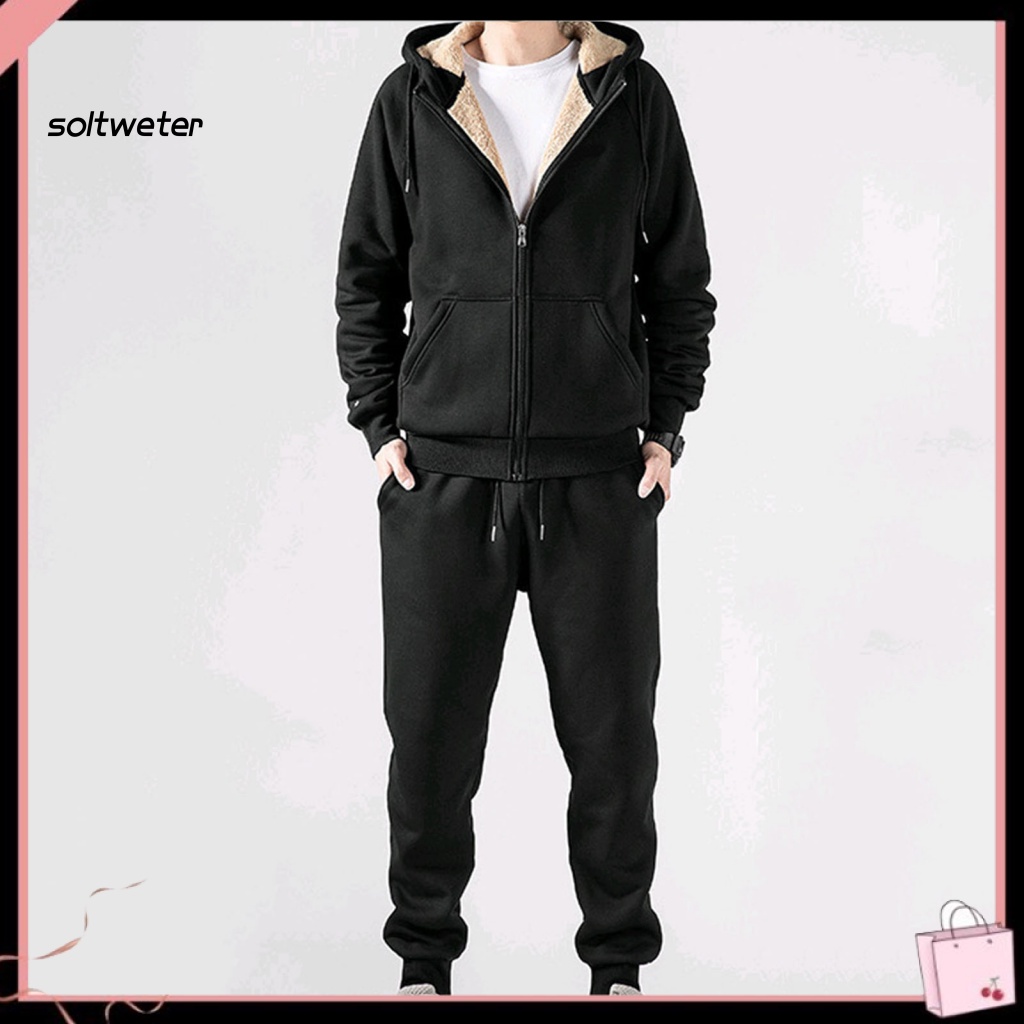 Bộ Đồ 2 Món Có Nón + Dây Rút Bằng Vải Lông Giữ Nhiệt Màu Sắc Đơn Giản Cho Nam