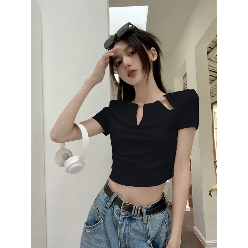 Áo Thun Lửng Tay Ngắn Phối Dây Xích Phong Cách Hàn Quốc Thời Trang Mùa Hè Cho Nữ