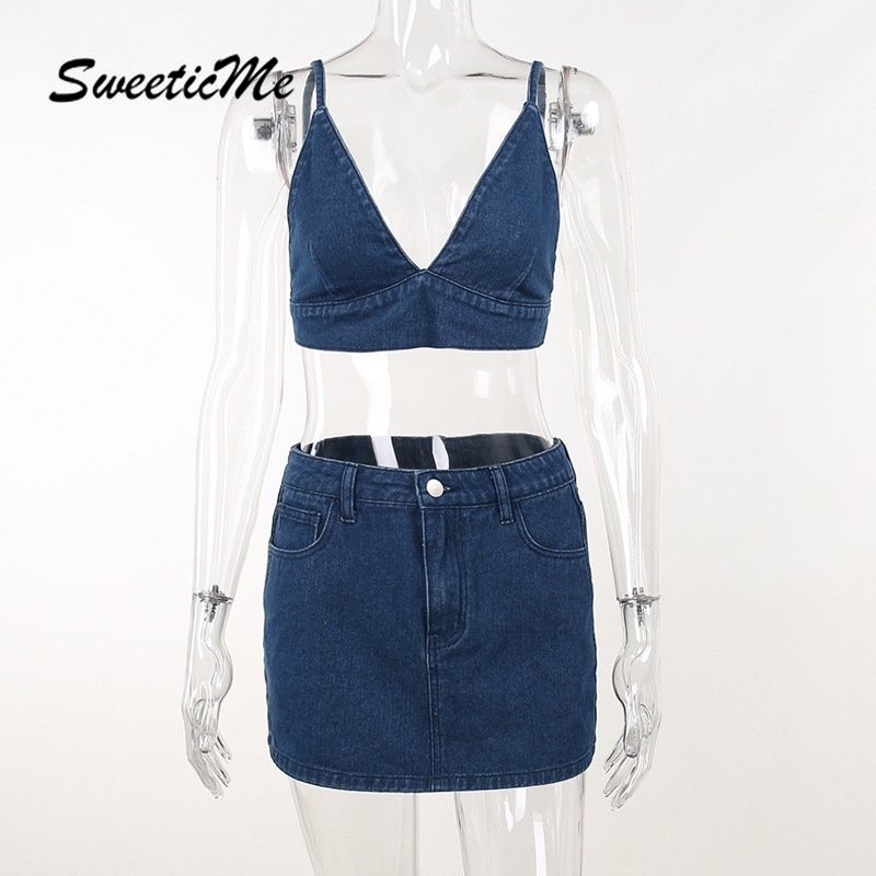 Set Áo Cổ Chữ V Không Tay + Chân váy jean Ngắn Lưng Thấp Màu Trơn Thời Trang Mới 2023 Cho Nữ