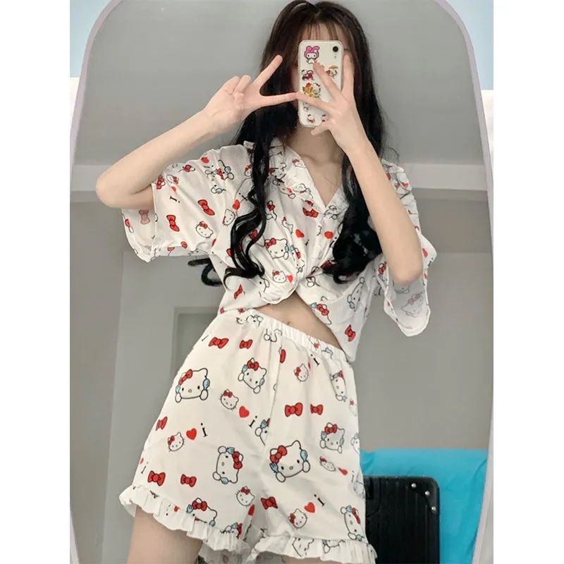 Bộ Đồ Ngủ Tay Ngắn In Hoạt Hình Hello Kitty Phong Cách Nhật Bản Thời Trang Mùa Hè Xinh Xắn Cho Nữ