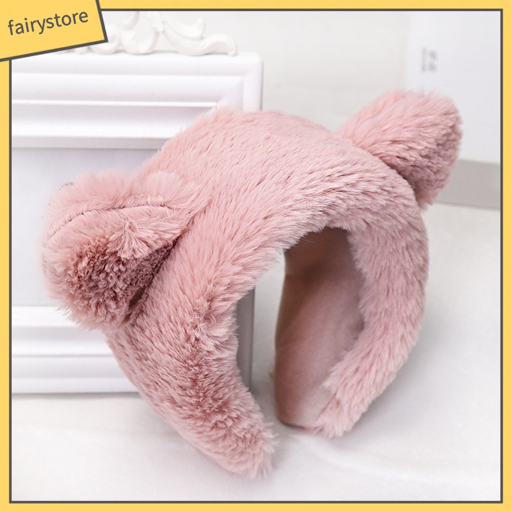 Băng Đô Cài Tóc Rửa Mặt Mùa Đông Màu Trơn Hình Tai Thú Lông Cho Nữ