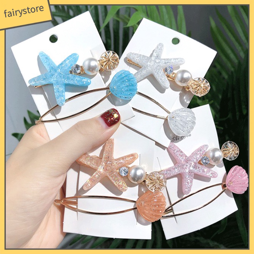 Set 2 Kẹp Tóc Hình Vỏ Sò / Sao Biển Đính Ngọc Trai Giả Thời Trang Cho Nữ