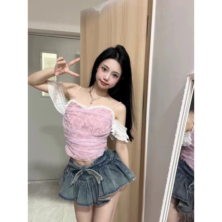 Y2k Chân Váy Jean Denim Ngắn Lưng Cao Ôm Dáng Đính Nơ Phong Cách Mùa Hè Mới Ngọt Ngào Chống Chói Mắt Cho Nữ Hakama