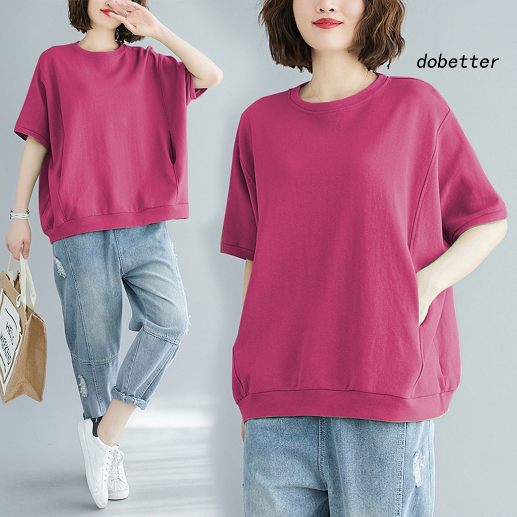 Áo Thun Tay Ngắn Cổ Tròn Hai Túi Dáng Rộng Màu Trơn Thời Trang Mùa Hè Cho Nữ
