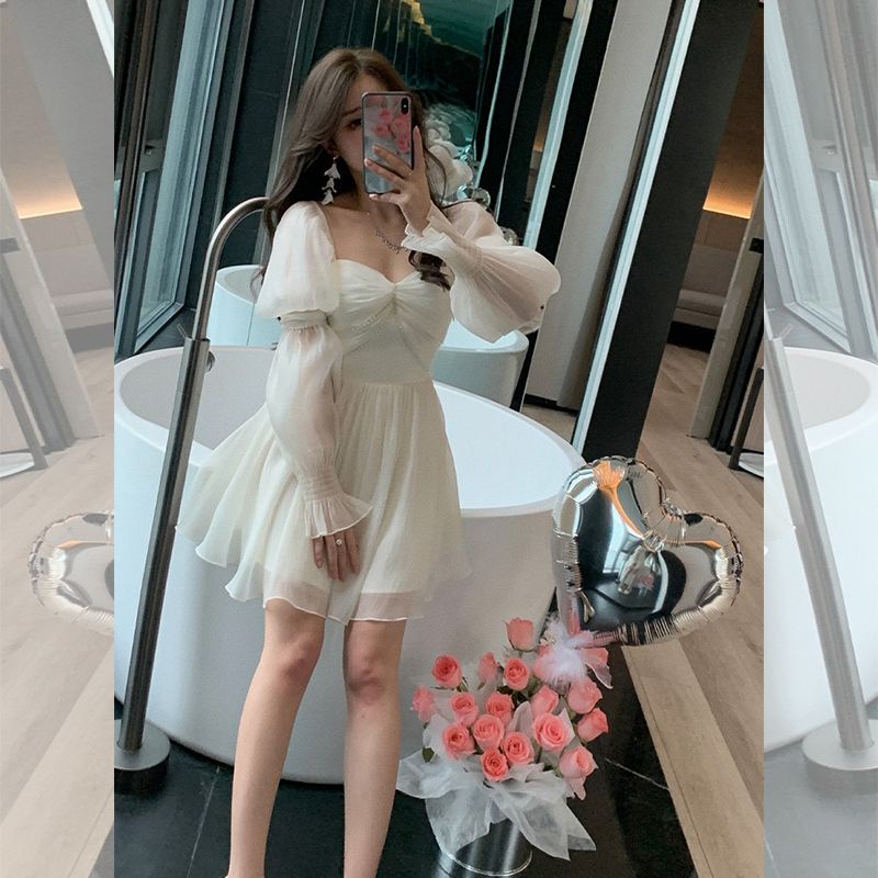 [Đầm Độc Đáo] [Ánh Trăng Trắng] Đầm Ngắn Dáng Xòe Màu Trơn Kiểu Pháp 2023 Phong Cách Cổ Tích Mới