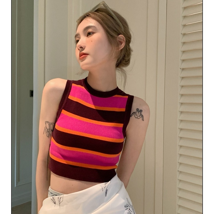 Áo Tank Top Hai Dây Cổ Tròn Họa Tiết Kẻ Sọc Phong Cách Hàn Quốc Thời Trang Quyến Rũ Cho Nữ