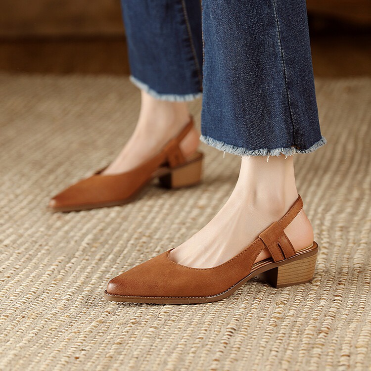 Duoya Giày Sandal Bít Mũi Nhọn Gót Dày Vừa Bằng Da Mềm Màu Be Cho Nữ ~ [Hàng Có Sẵn] Miễn Phí Vận Chuyển