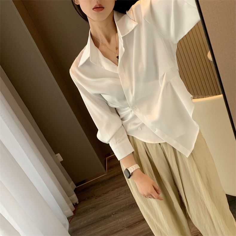 Áo Sơ Mi satin Dài Tay Thiết Kế Không Đồng Đều Thời Trang Theo Phong Cách Hàn Quốc Cho Nữ