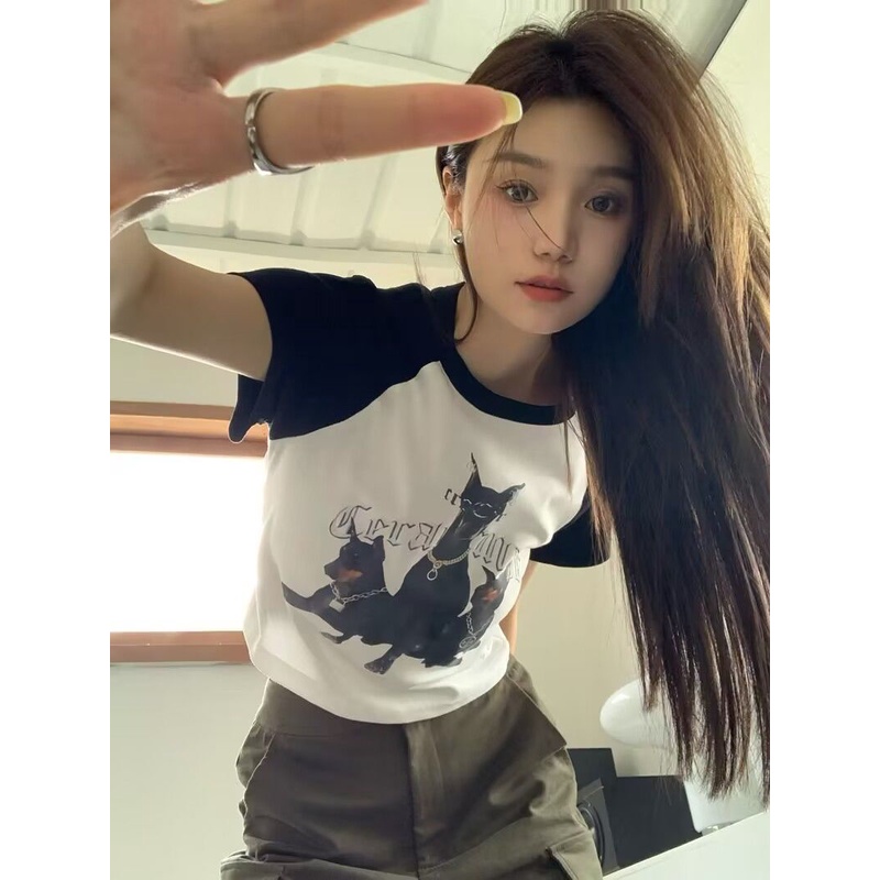 Áo Raglan Baby tee Thun croptop Ngắn Tay Lưng Cao Dáng Ôm In Họa Tiết Màu Sắc Tương Phản Thời Trang Mùa Hè Cho Nữ