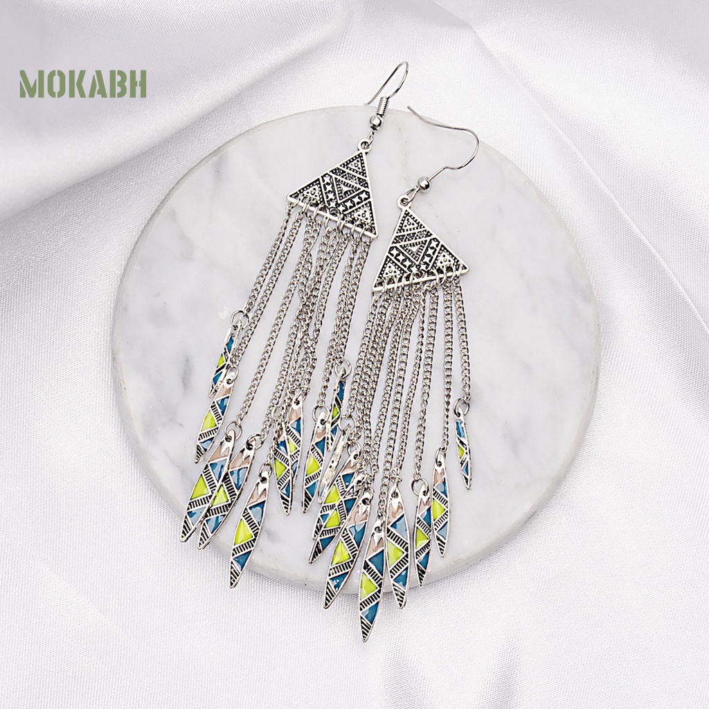 1 Đôi Bông Tai Hình Tam Giác Dạng Móc Tua Rua Dài Phong Cách Vintage