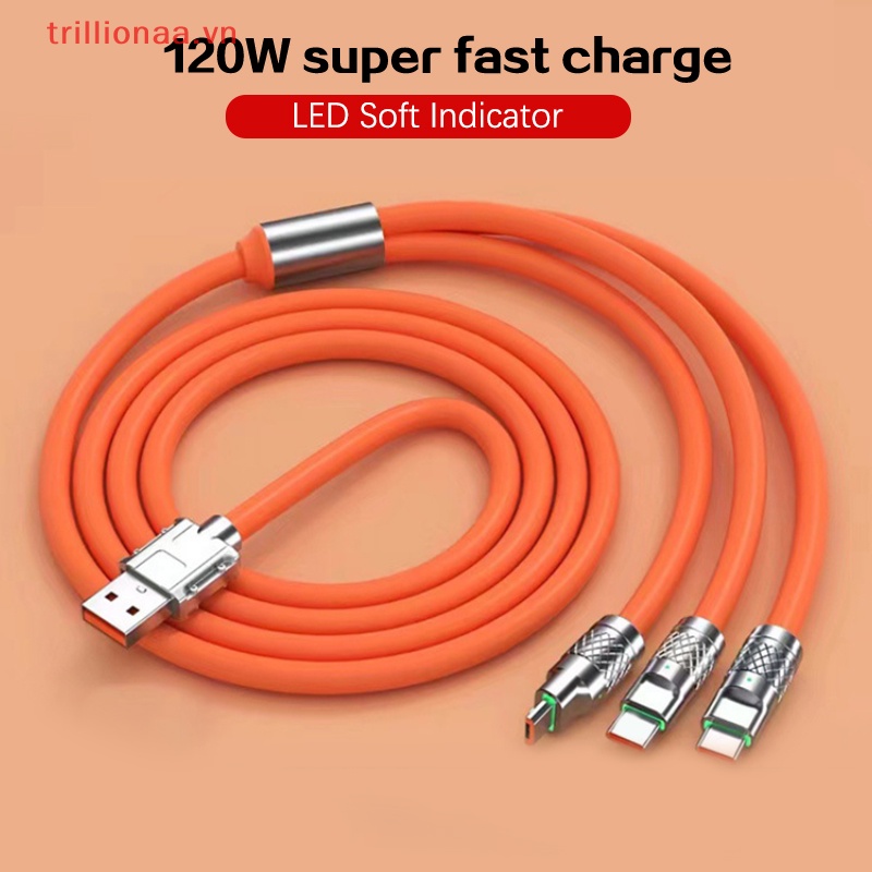 Dây Cáp Sạc Nhanh USB Loại C 120W 3 Trong 1 Có Đèn Cho Huawei Samsung Xiaomi