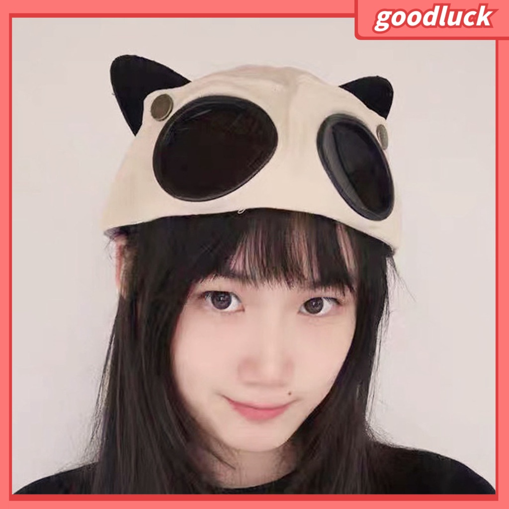 [GLO] Mũ Phi Công Cá Tính Với Kính Râm Trong Suốt Trang Trí Tai Mèo Có Thể Gập Lại Cho Unisex