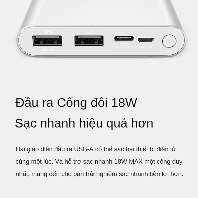 Sạc dự phòng Xiaomi power bank 10000 mAh thế hệ 3 sạc nhanh siêu mỏng nhỏ gọn di động công suất lớn 18w hai chiều