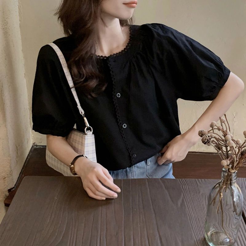 Áo Kiểu Mùa Hè Pháp Tay Cộc Cổ Tròn Dáng Rộng Thiết Kế Ngọt Ngào Dễ Phối Đồ Mẫu Mới 202