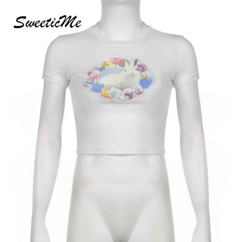 Áo Thun Tay Ngắn Cổ Tròn In Hình Thỏ Thời Trang 2023 Dành Cho Nữ