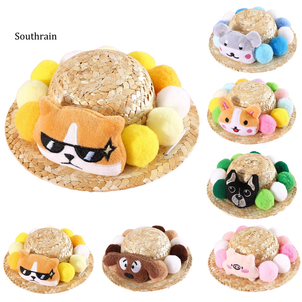 Mũ Chống Nắng Trang Trí Búp Bê Đính Bóng Lông Nhiều Màu Dễ Thương Có Thể Điều Chỉnh Vành Rộng Cho Thú Cưng