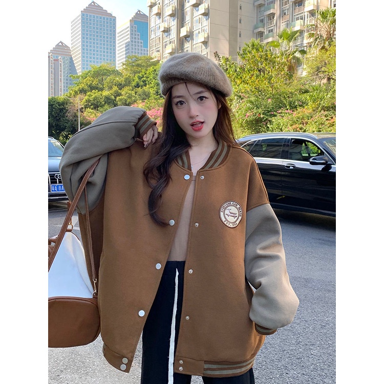 Áo Khoác Bóng Chày Tay Dài Dáng Rộng Bằng Vải Lông Thời Trang Thu Đông Cho Nữ