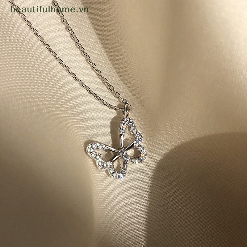 Vòng cổ Bạc Mặt Hình Bướm Rỗng Đính Đá Zircon Lấp Lánh Thời Trang Cho Nữ