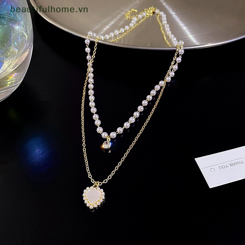 [beautifulhome] Vòng Cổ Choker Hai Lớp Mặt Hình Trái Tim Ngọc Trai Kpop Dễ Thương Làm Quà Tặng Trang Sức Cho Nữ [beauty]