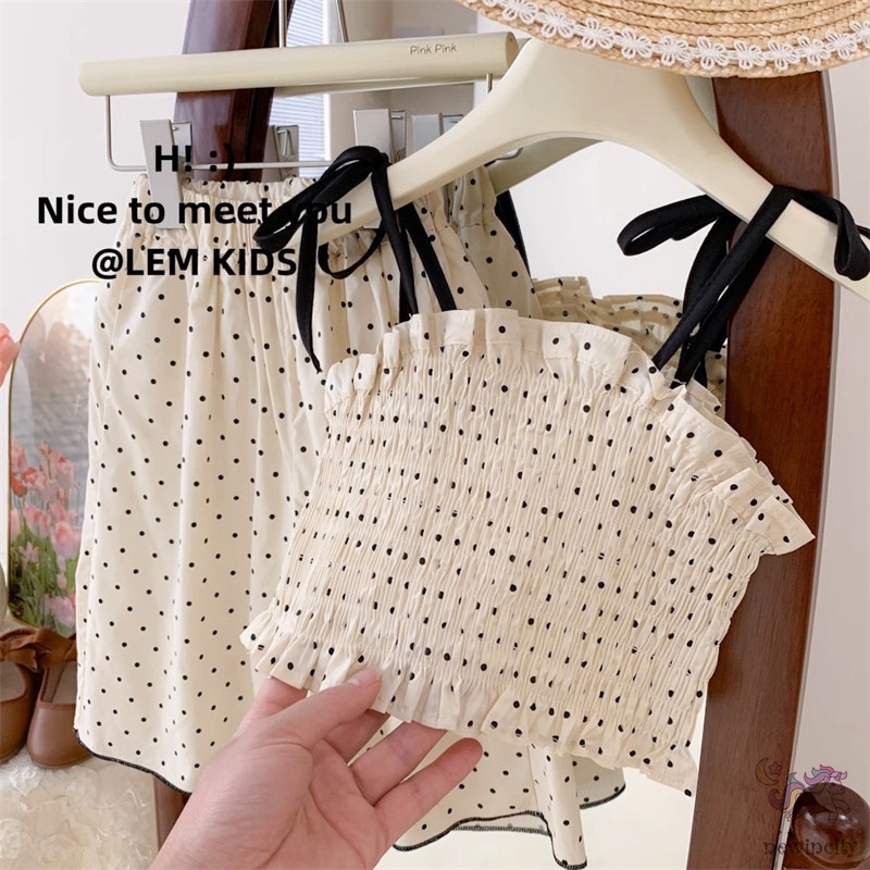Bộ Áo Hai Dây Chấm Bi + Quần Dài Lưng Thun Ống Rộng Thời Trang Mùa Hè Hàn Quốc Cho Bé Gái