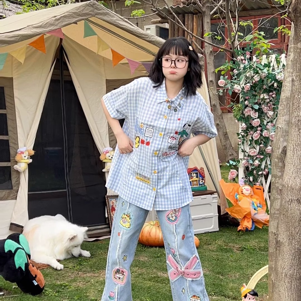 Áo Sơ Mi Tay Ngắn Họa Tiết Sọc Caro Thêu Hoạt Hình Phong Cách Nhật Bản Thời Trang Mùa Hè Cho Nữ