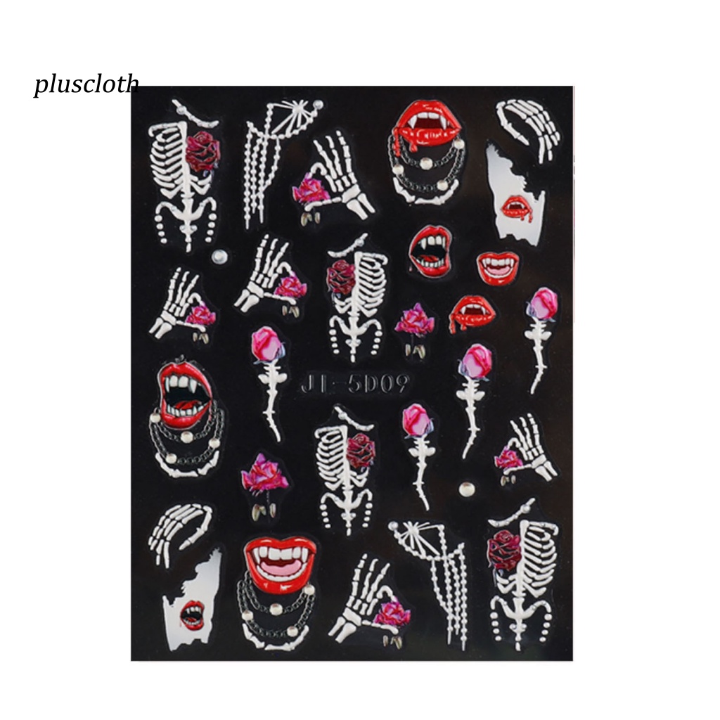 &lt; Plusclothing &gt; Nhãn Dán Móng Tay Dạng Trượt In Họa Tiết Kinh Dị Chống Nước Không Phai Màu Tự Dính Bằng Nhựa Resin Máu Đầu Lâu