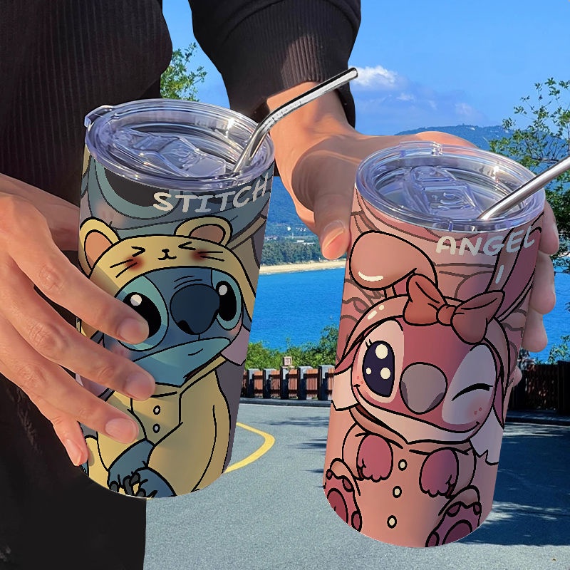 Bình Nước Giữ Nhiệt In Hình Stitch Hoạt Hình Có Ống Hút Tiện Dụng Cho Học Sinh